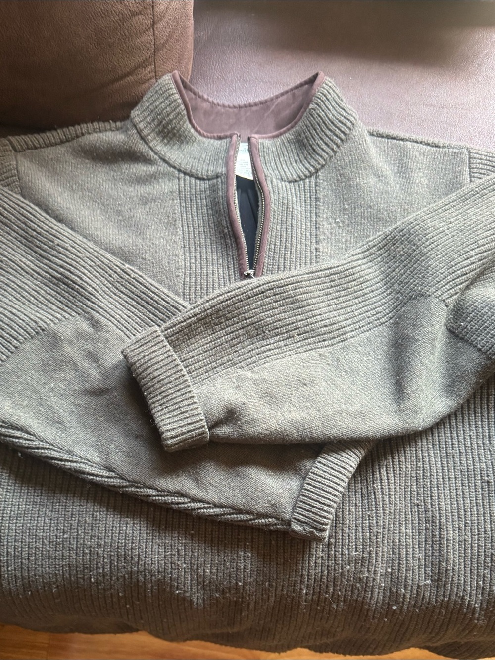L.L. Bean Olive Green Half-Zip Ribbed Turtleneck Sweater with Brown Trim - Picture 6 of 6